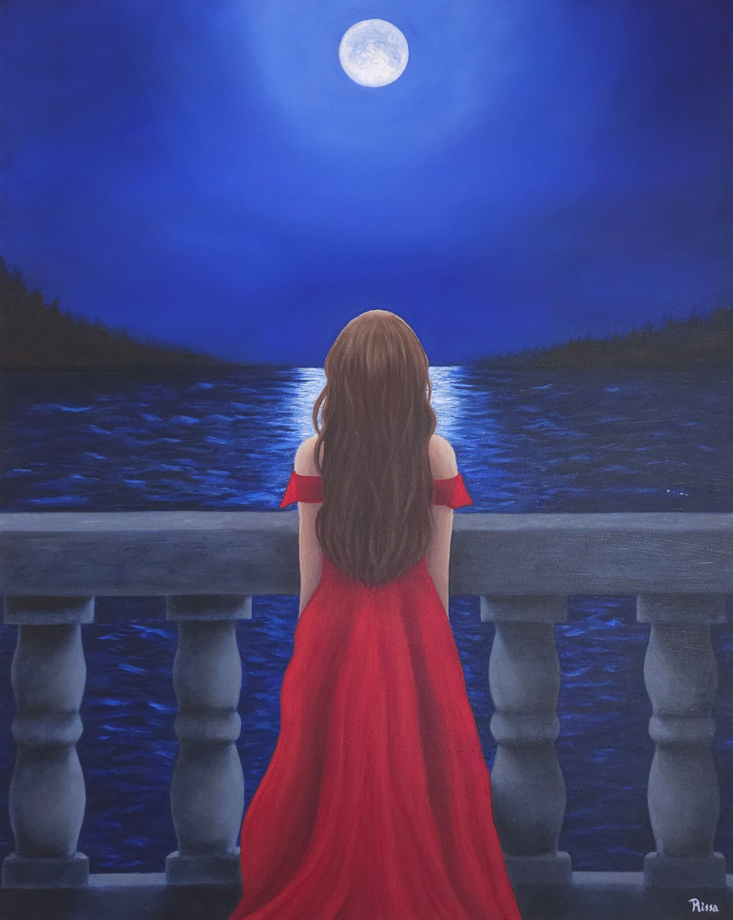 "Fantasy oil painting of woman in red gown on stone balcony gazing at moonlit ocean – 24x30 inch unframed artwork"