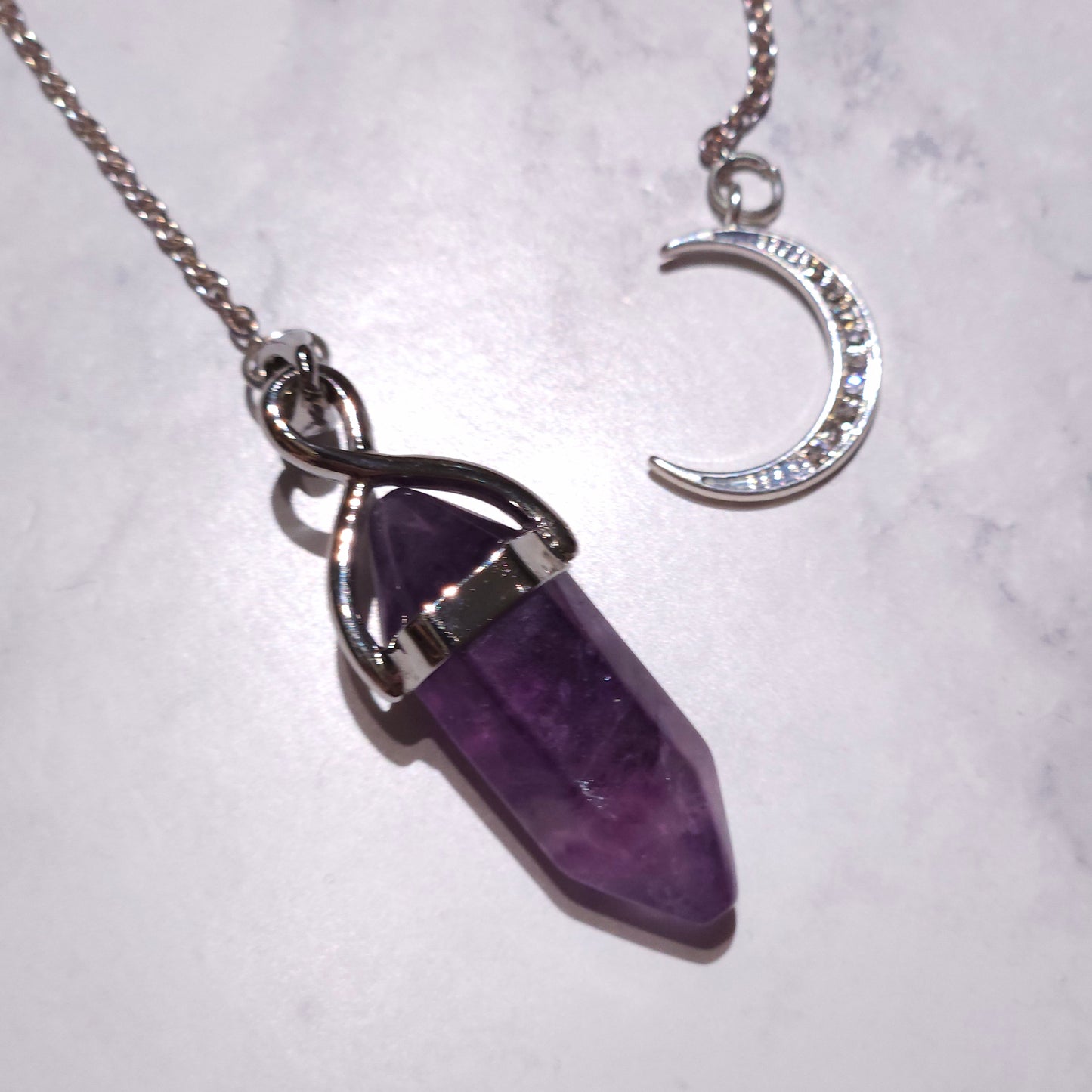 Fluorite Crystal Pendulum | Silver Sparkle Moon Witchy Divination Tool