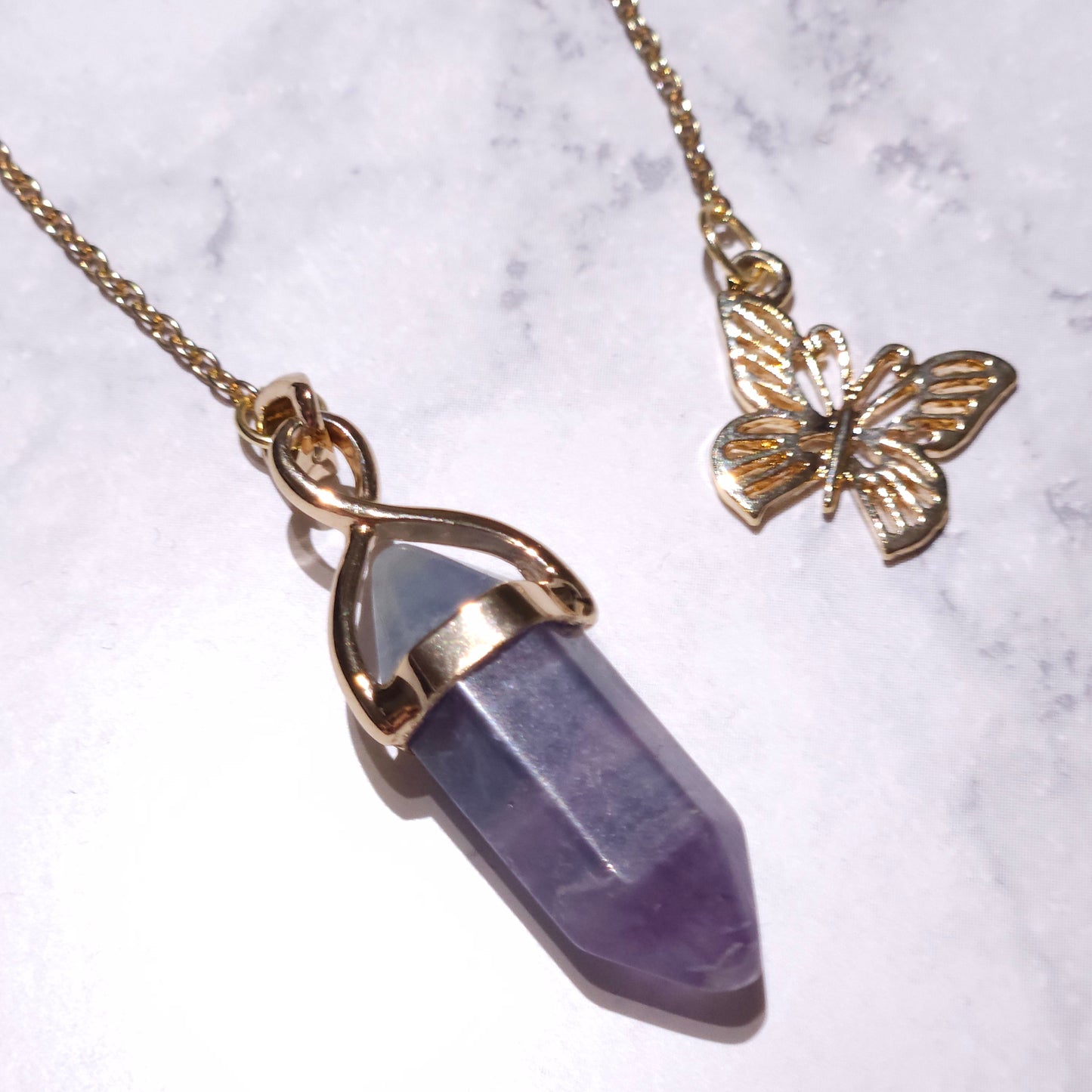 Fluorite Crystal Pendulum | Gold Butterfly Witchy Divination Tool