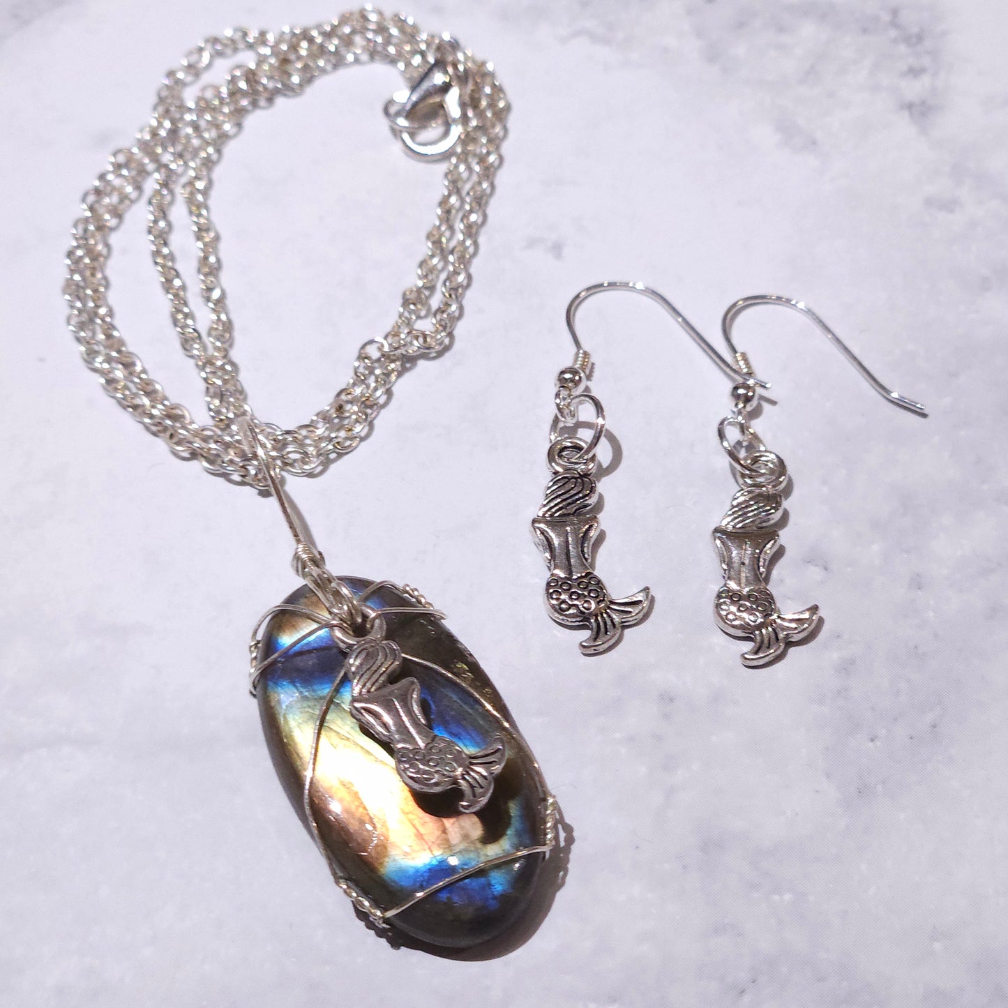 Silver Mermaid Labradorite Gemstone Necklace Set