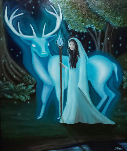 Summoning the Stag 18x24 original fantasy oil painting on canvas featuring a glowing stag spirit and a female druid in a mystical forest at night.