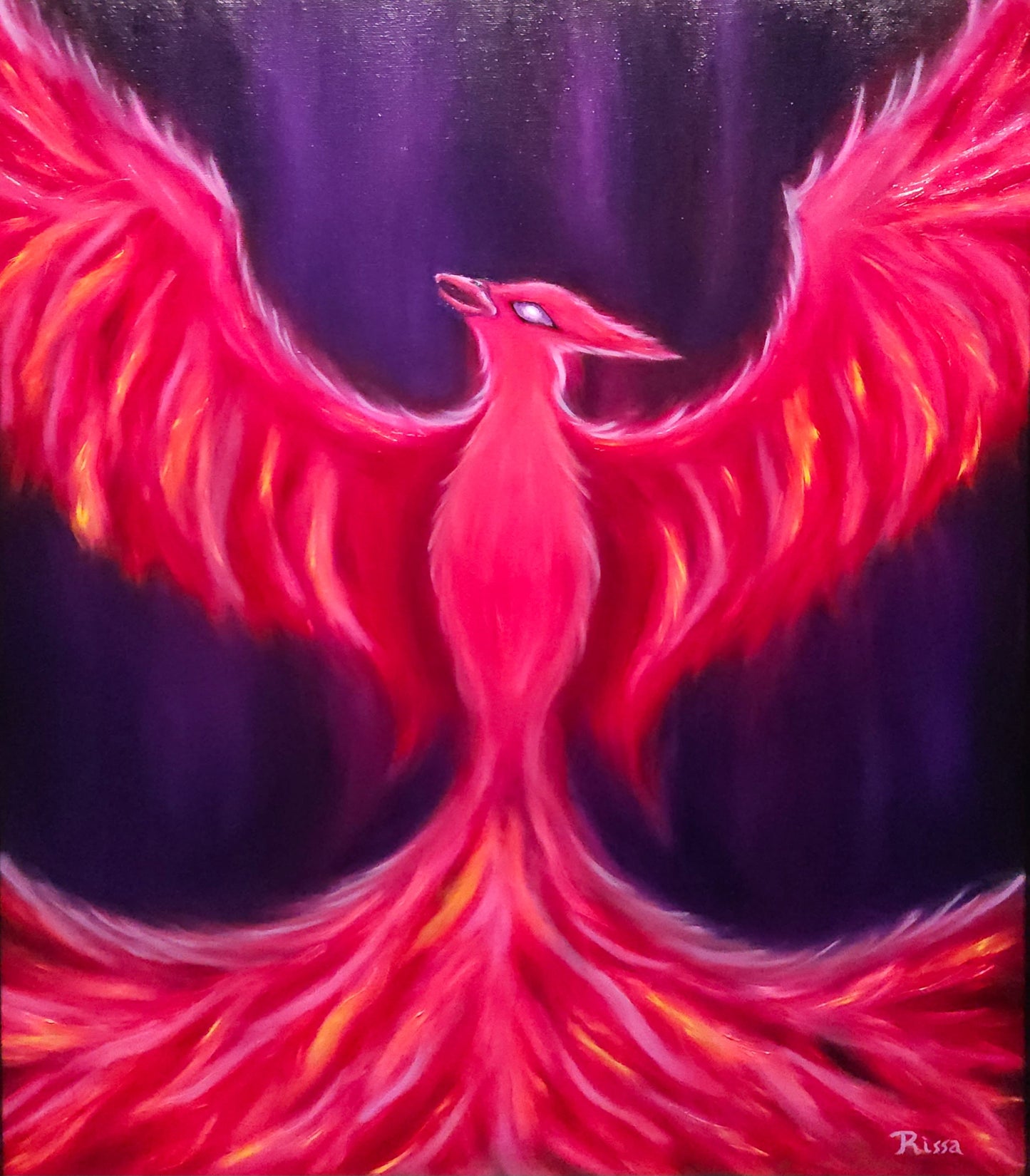 Phoenix 18x24 original fantasy oil painting on canvas featuring a magenta phoenix on a purple background, framed and varnished.