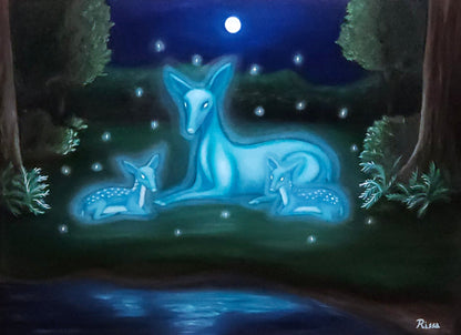 Doe and Fawn Spirits 18x24 original fantasy oil painting on canvas depicting glowing doe and fawn spirits in a forest by a lake at night.