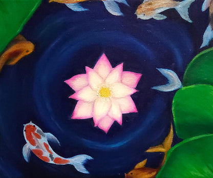 Lotus Pond 8x10 original botanical oil painting on canvas depicting a pink and white lotus flower surrounded by lily pads and koi fish in a peaceful pond.