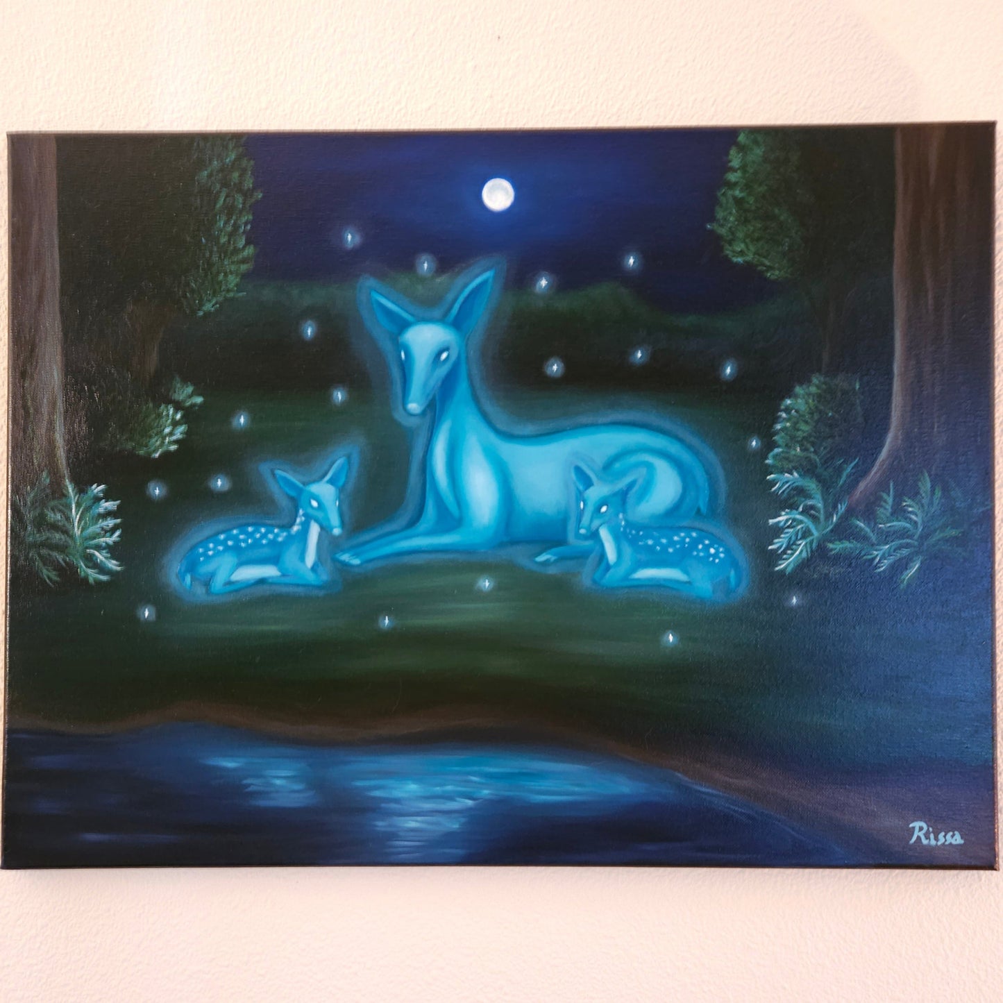 Doe and Fawn Spirits 18x24 original fantasy oil painting on canvas depicting glowing doe and fawn spirits in a forest by a lake at night.