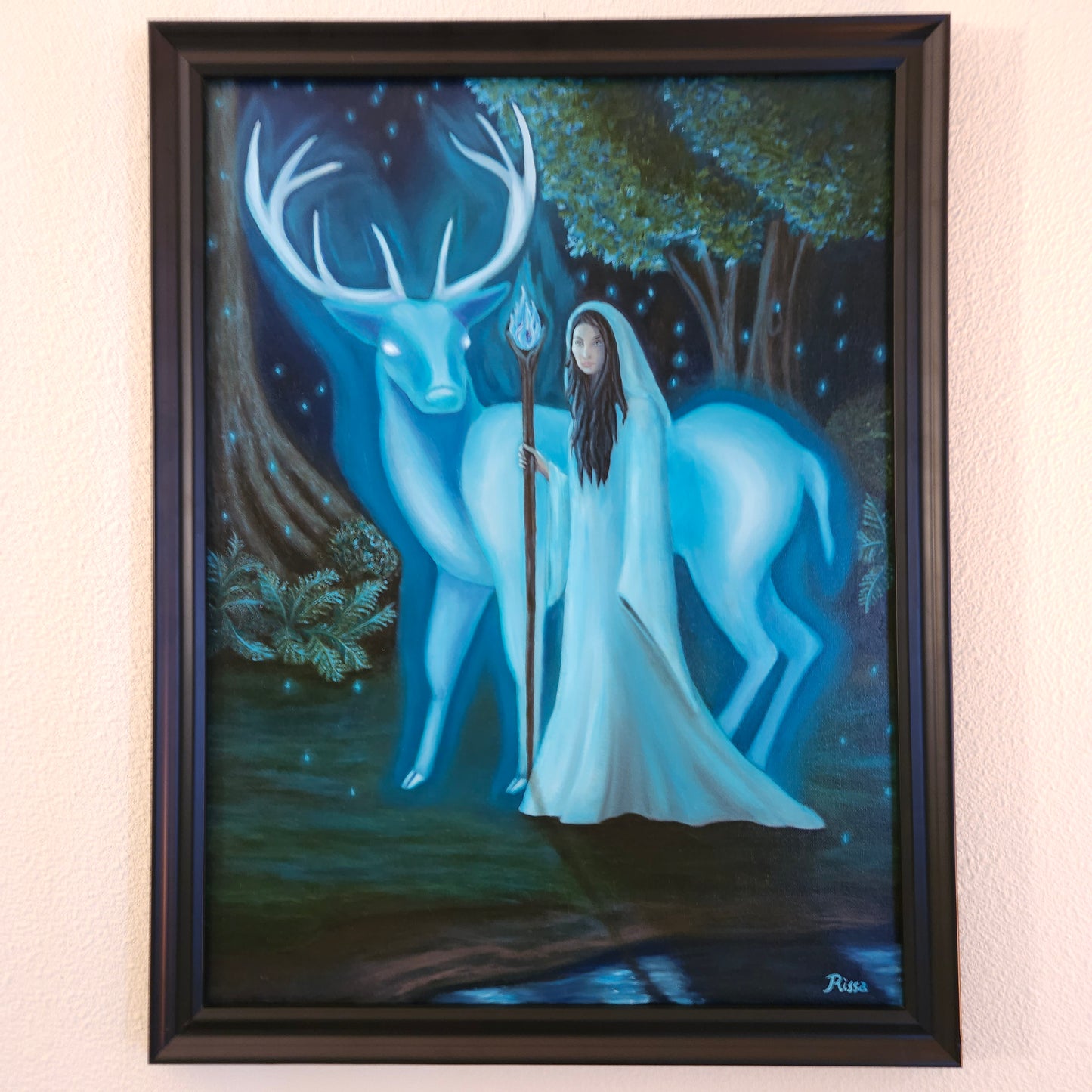 Summoning the Stag 18x24 original fantasy oil painting on canvas featuring a glowing stag spirit and a female druid in a mystical forest at night.