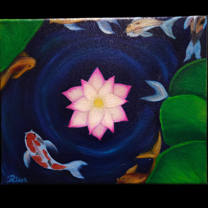 Lotus Pond 8x10 original botanical oil painting on canvas depicting a pink and white lotus flower surrounded by lily pads and koi fish in a peaceful pond.