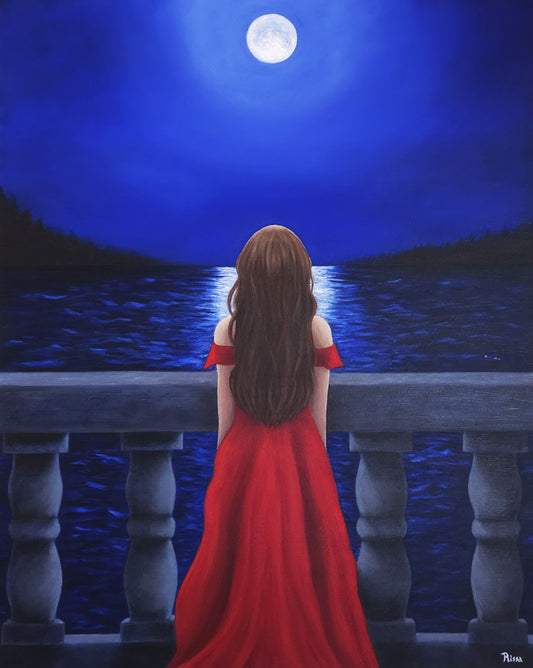 Moonlight Contemplation 24x30 Original Oil Painting on Canvas - Wall Art, Fantasy Artwork