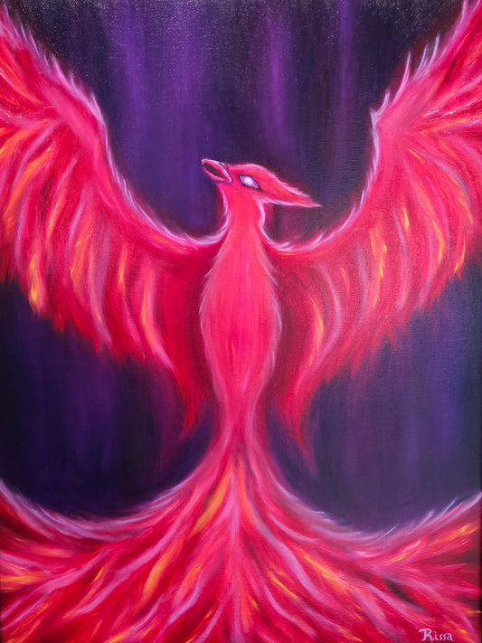 Phoenix oil painting with glowing red wings, pink feather details on purple