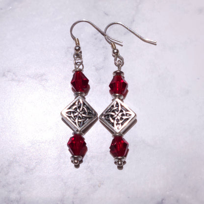 Silver Witch’s Knot Earrings | Red Swarovski Crystal Pagan Jewelry