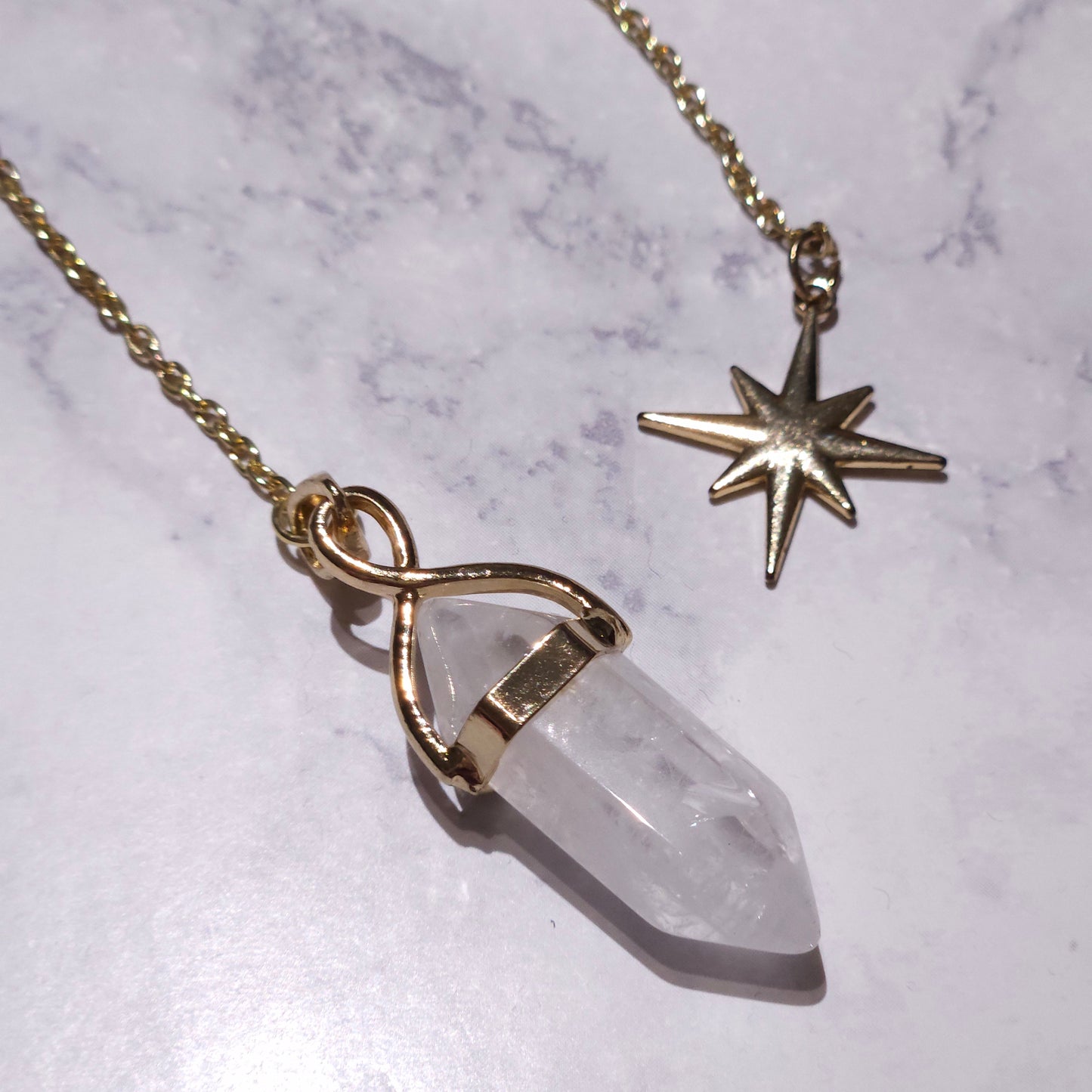 White Quartz Crystal Pendulum | Gold 8-Pointed Star Divination Tool