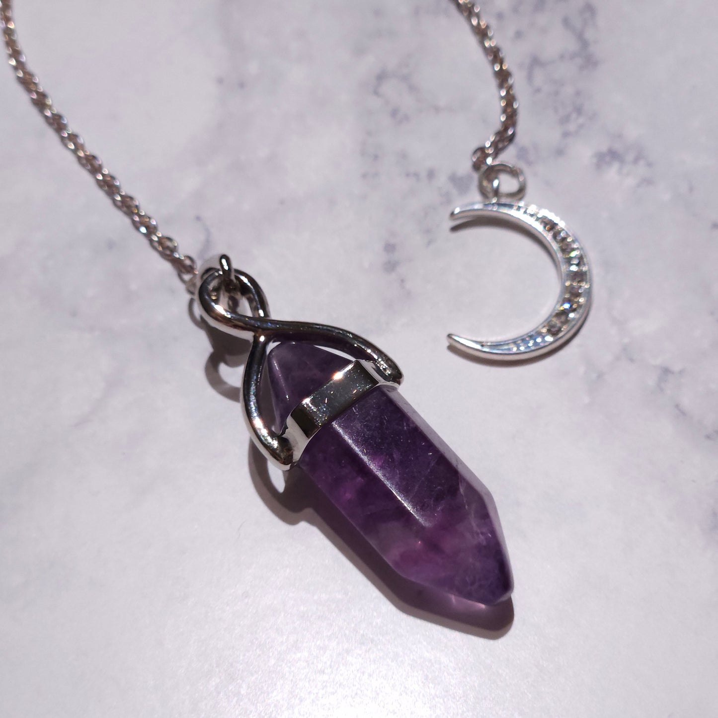 Fluorite Crystal Pendulum | Silver Sparkle Moon Witchy Divination Tool