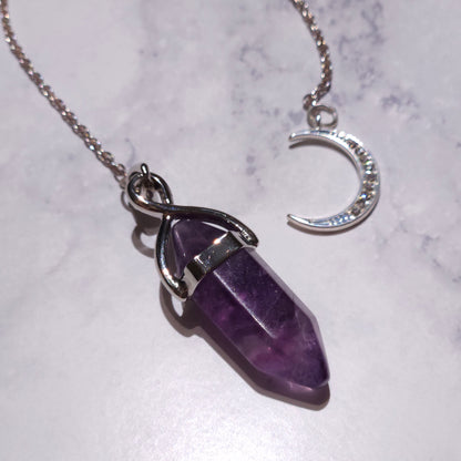 Fluorite Crystal Pendulum | Silver Sparkle Moon Witchy Divination Tool