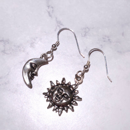 Silver Sun and Moon Charm Earrings | Witchy Occult Jewelry | Rose and Shadow