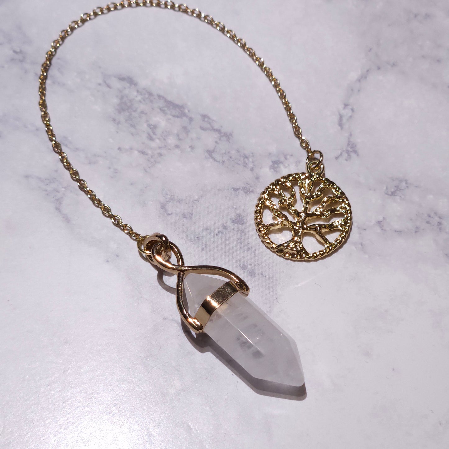 White Quartz Crystal Pendulum | Gold Tree of Life Witchy Divination Tool