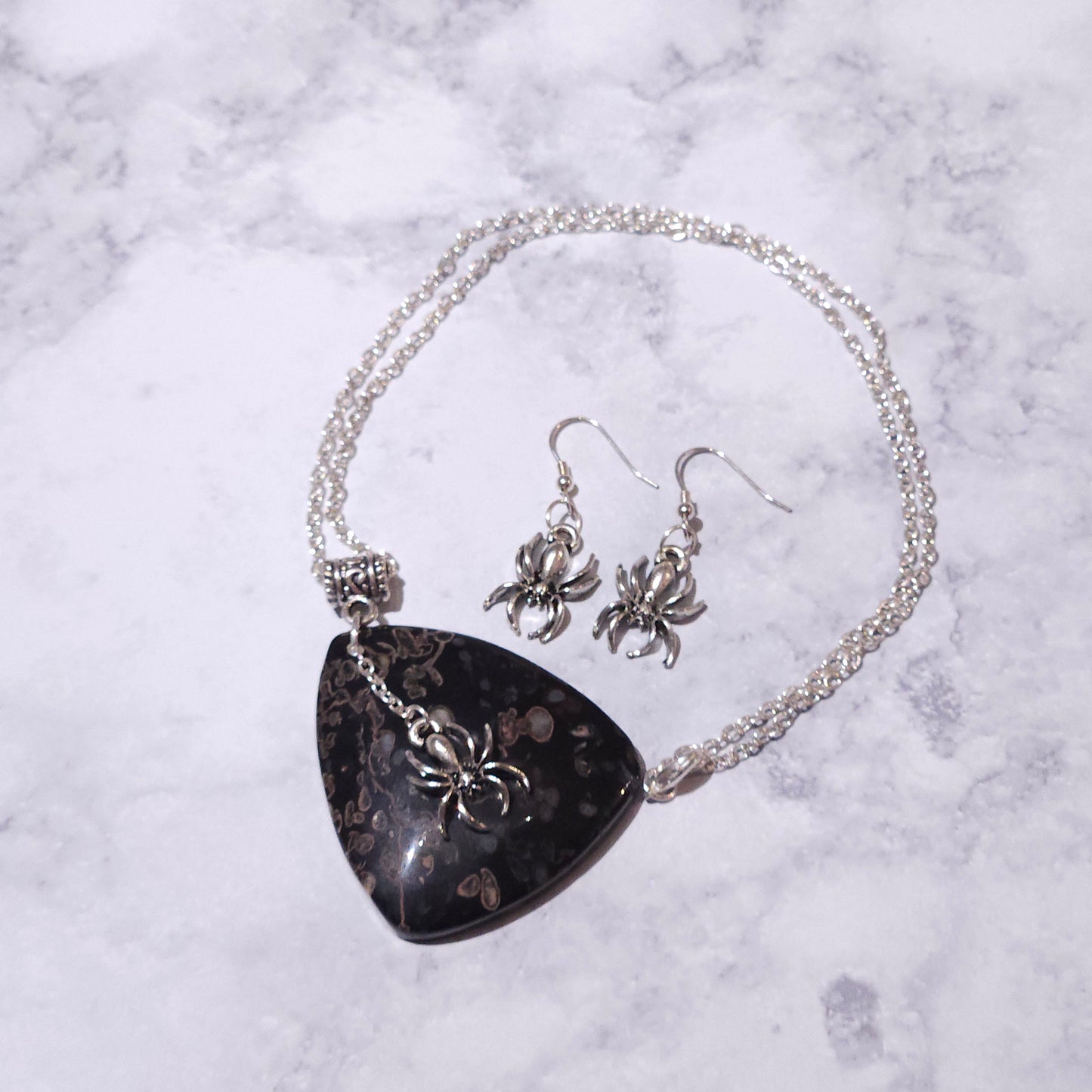 Silver Spider Goddess Black Agate Gemstone Necklace Set