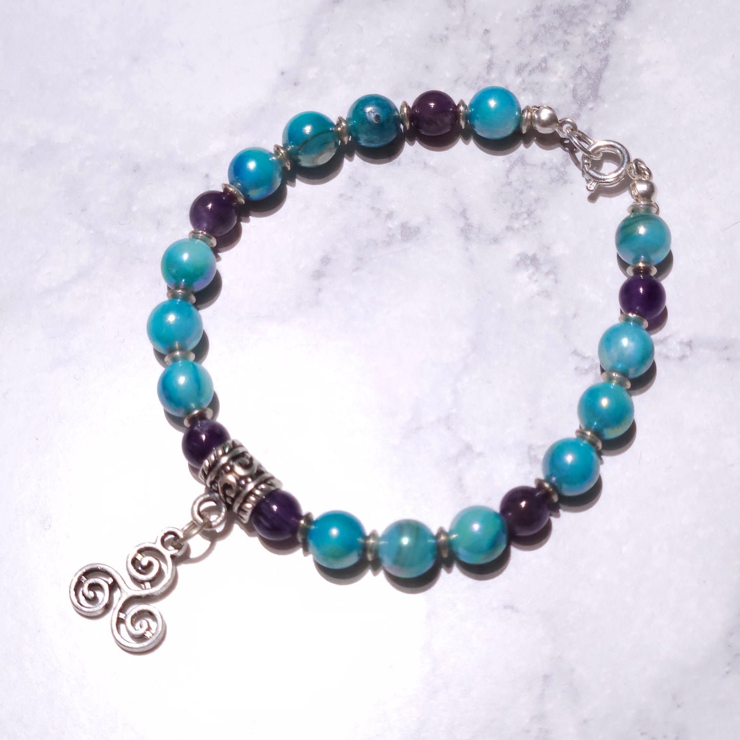 Blue Shell & Amethyst Triskele Charm Bracelet | Sea Witch Jewelry| Rose and Shadow