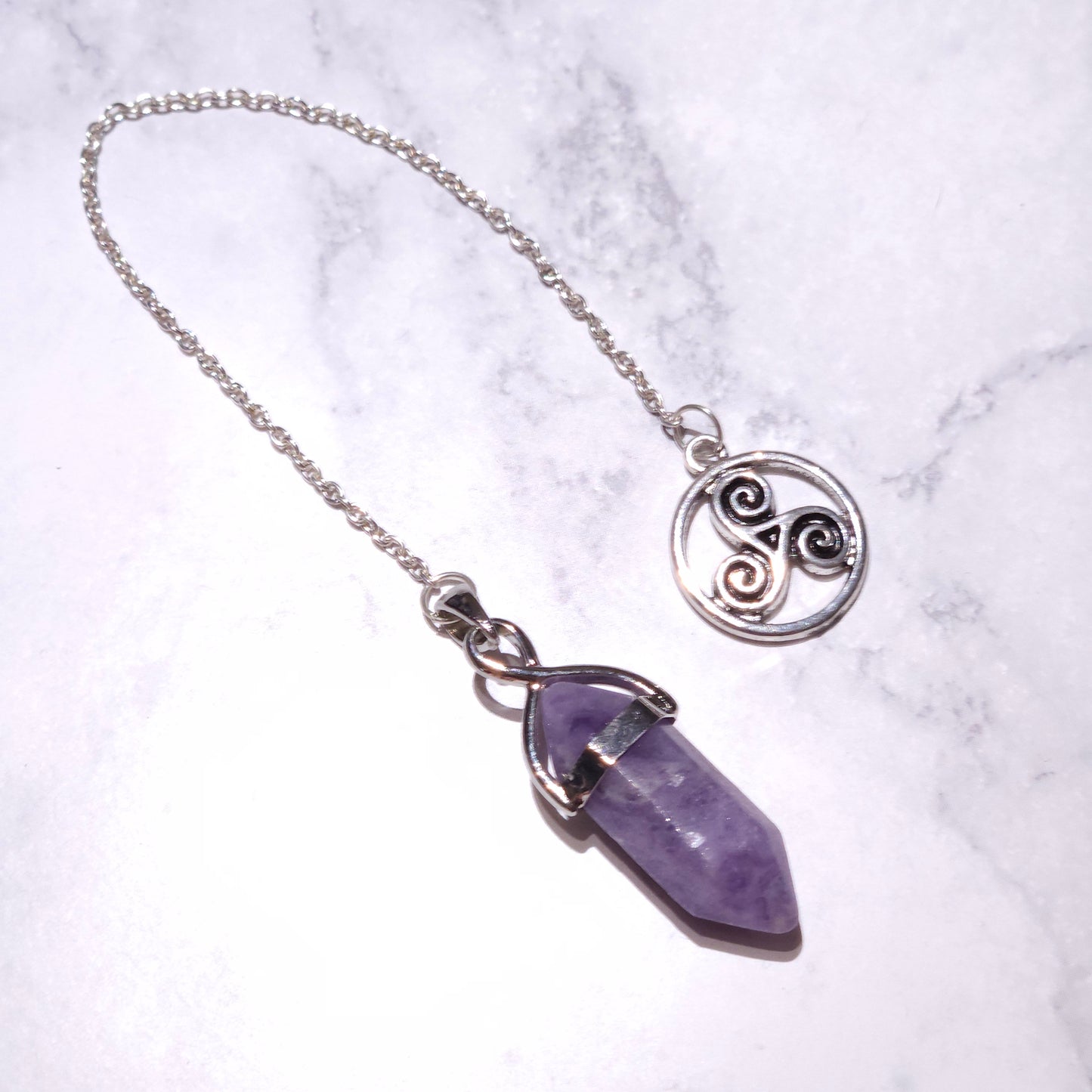 Fluorite Crystal Pendulum | Silver Triskele Witchy Divination Tool