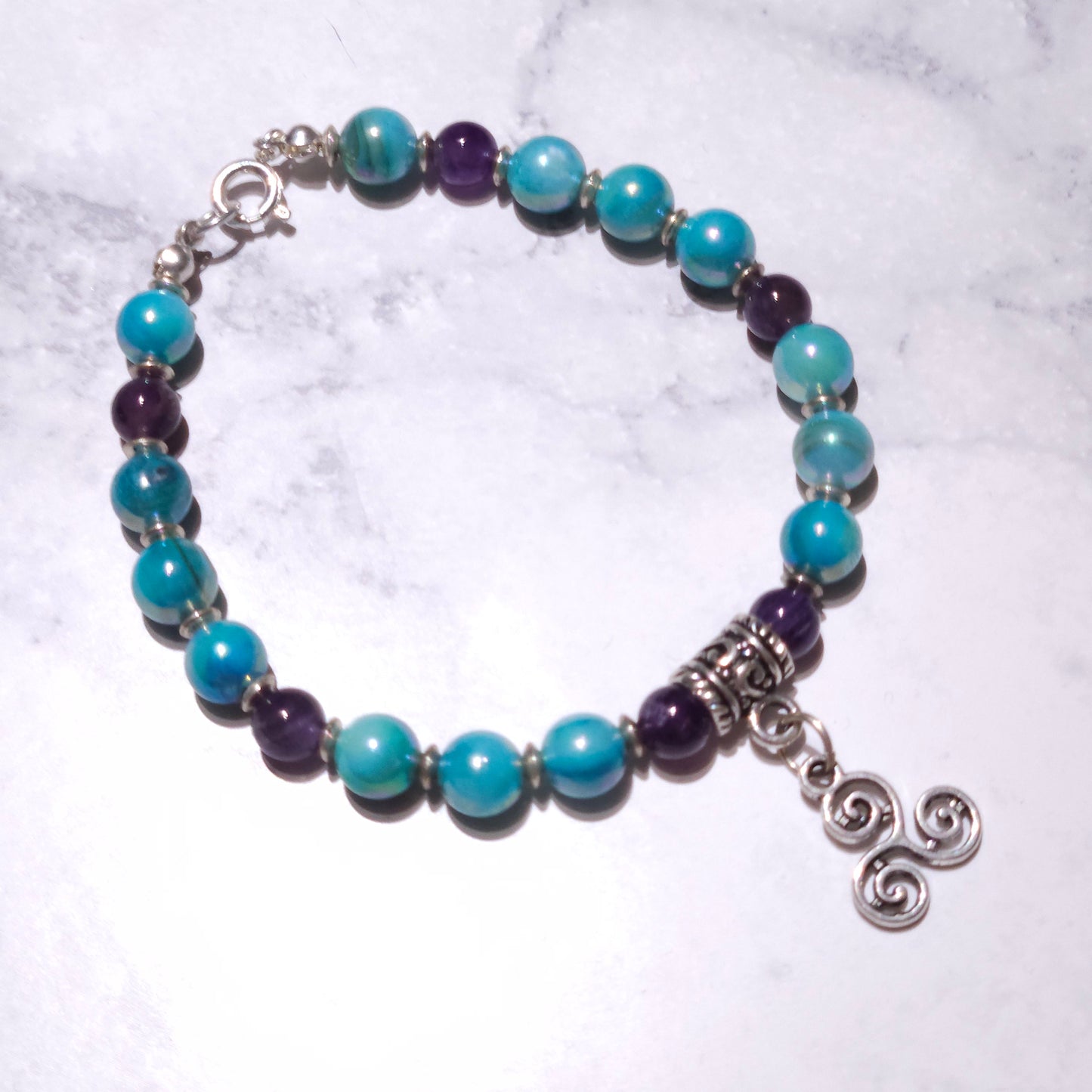 Blue Shell & Amethyst Triskele Charm Bracelet | Sea Witch Jewelry| Rose and Shadow