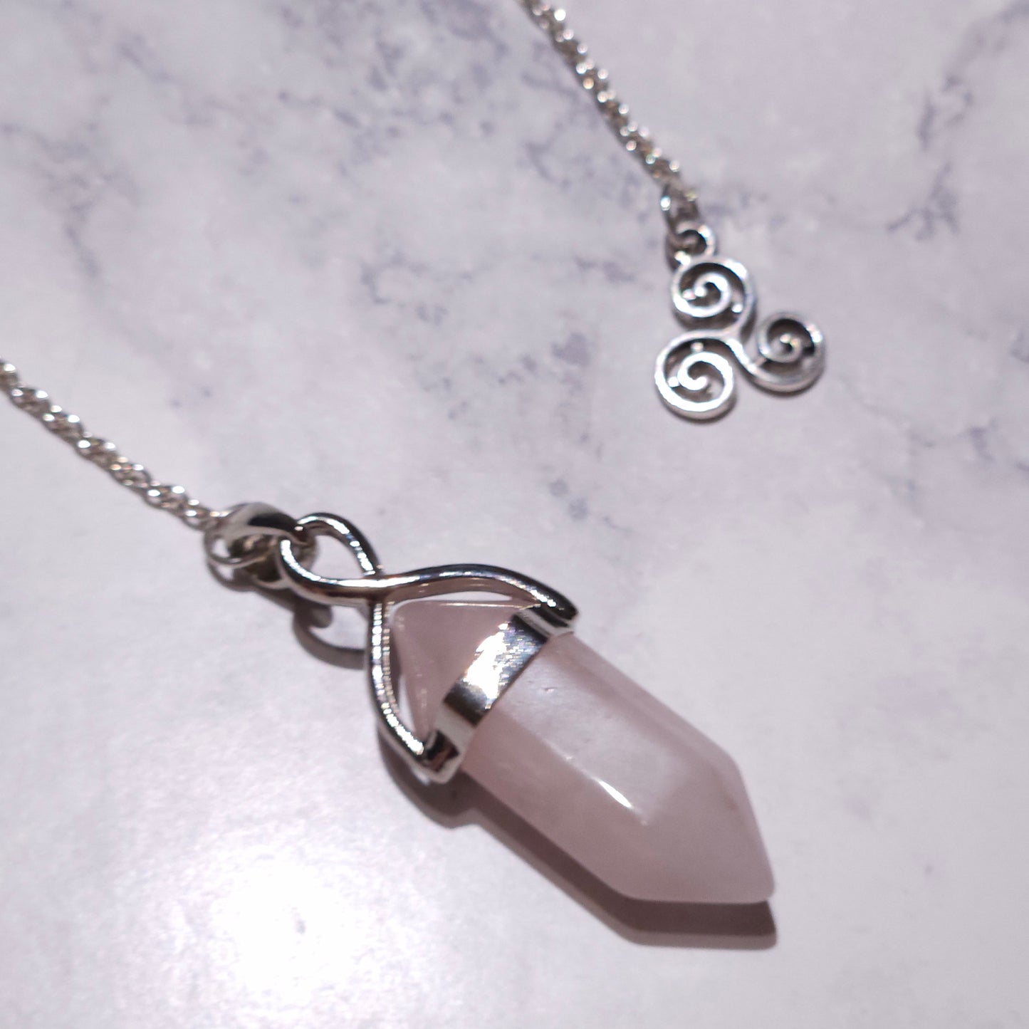 Rose Quartz Crystal Pendulum | Silver Triskele Witchy Divination Tool