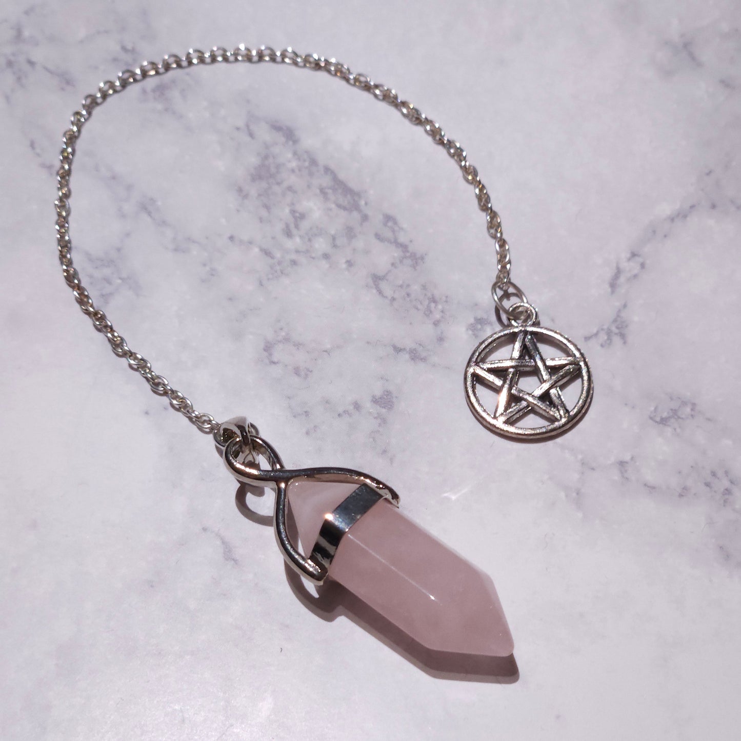 Rose Quartz Crystal Pendulum | Silver Pentacle Witchy Divination Tool