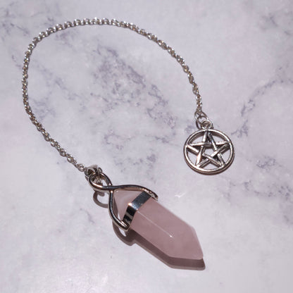 Rose Quartz Crystal Pendulum | Silver Pentacle Witchy Divination Tool