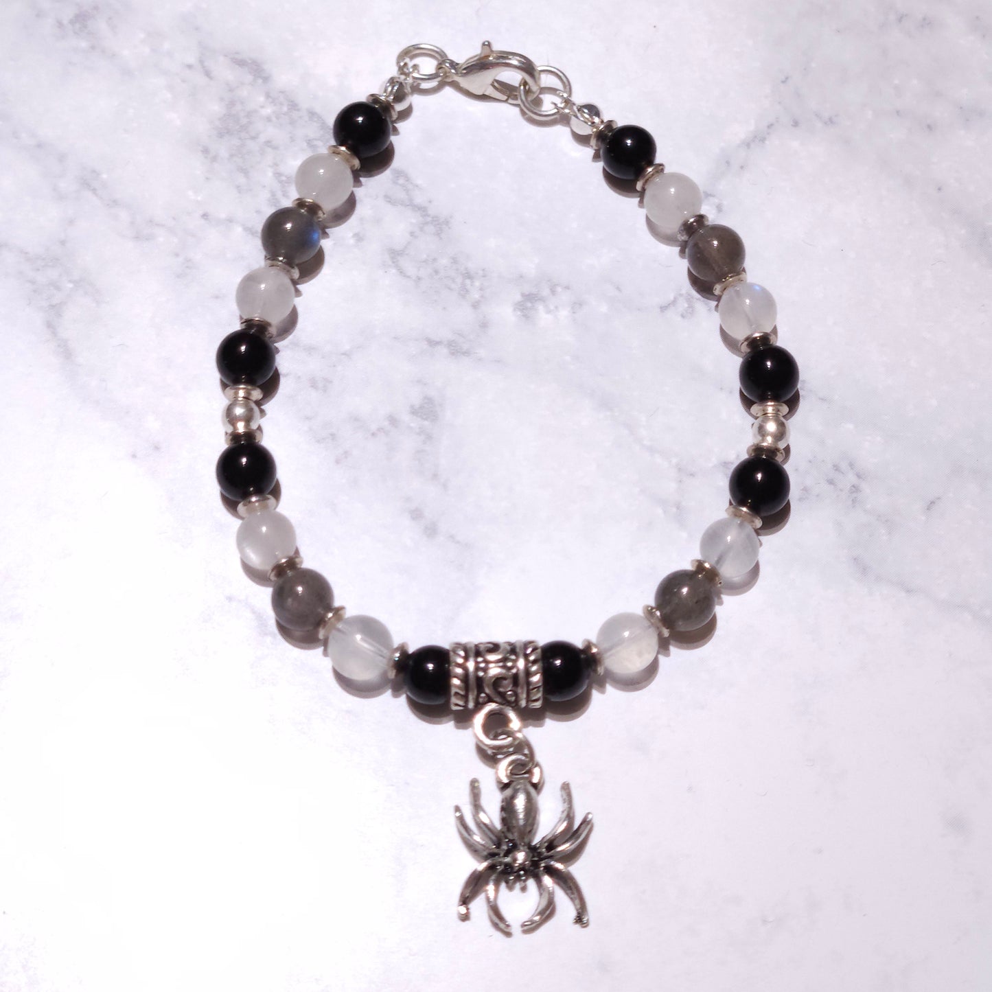 Labradorite, Moonstone & Onyx Spider Bracelet | Witchy Occult Jewelry |Rose and Shadow