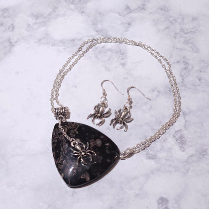 Silver Spider Goddess Black Agate Gemstone Necklace Set