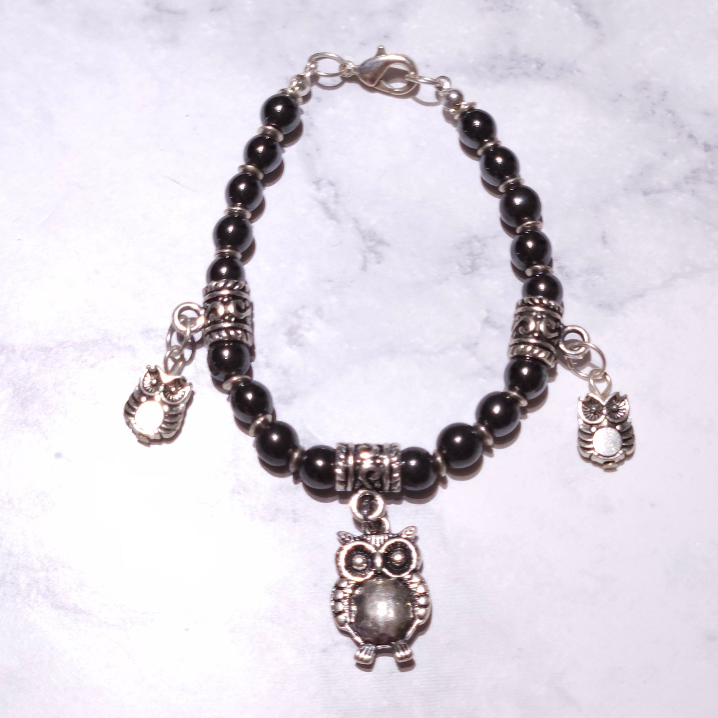Owl Charm Bracelet with Hematite Gemstone | Rose and Shadow