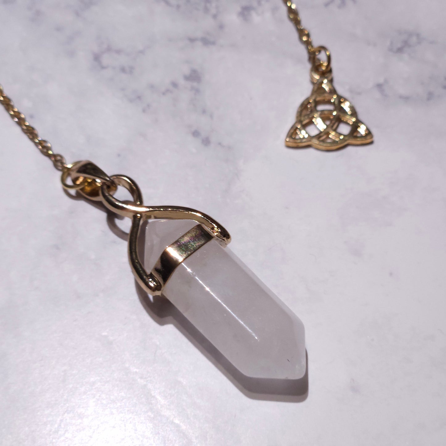 White Quartz Crystal Pendulum | Gold Triquetra Witchy Divination Tool