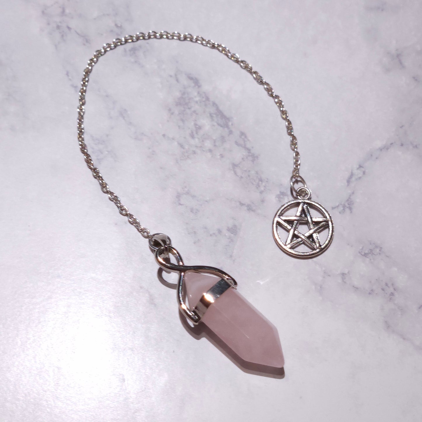 Rose Quartz Crystal Pendulum | Silver Pentacle Witchy Divination Tool