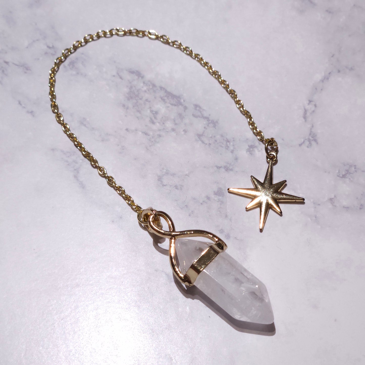 White Quartz Crystal Pendulum | Gold 8-Pointed Star Divination Tool