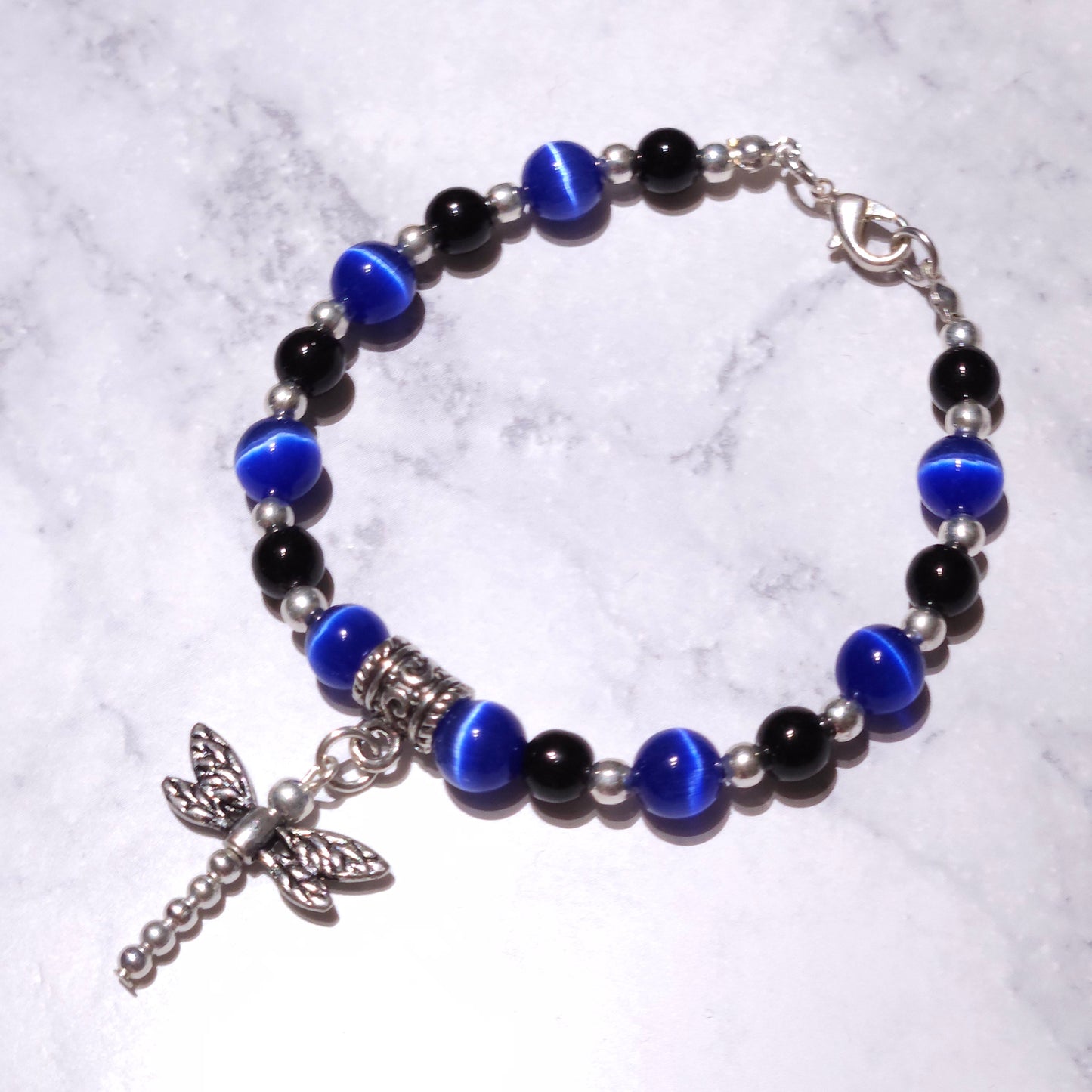 Onyx & Blue Cat's Eye Silver Dragonfly Bracelet | Witchy Occult Jewelry |Rose and Shadow