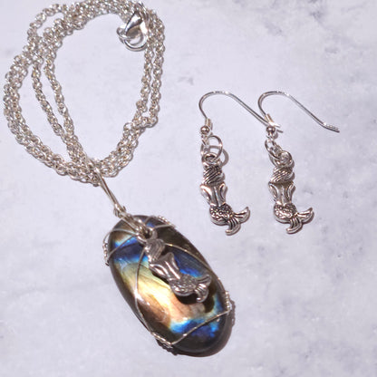 Silver Mermaid Labradorite Gemstone Necklace Set