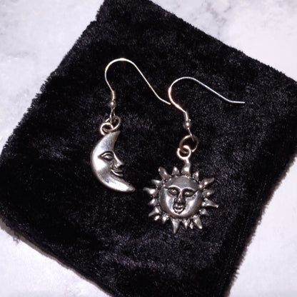 Silver Sun and Moon Charm Earrings | Witchy Occult Jewelry | Rose and Shadow