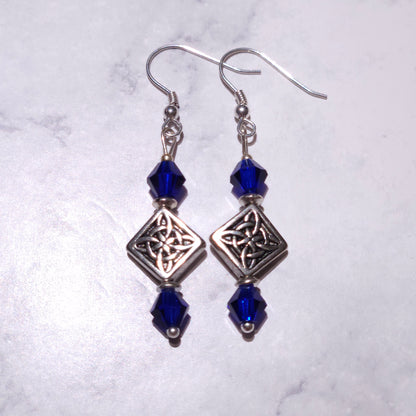 Silver Witch’s Knot Earrings | Blue Swarovski Crystal Pagan Jewelry
