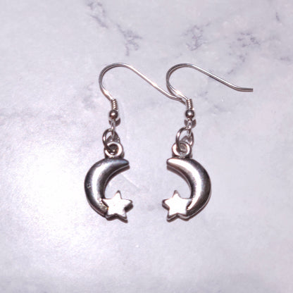 Silver Moon & Stars Charm Earrings | Witchy Occult Jewelry | Rose and Shadow