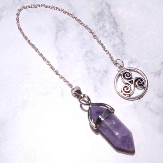 Fluorite Crystal Pendulum | Silver Triskele Witchy Divination Tool
