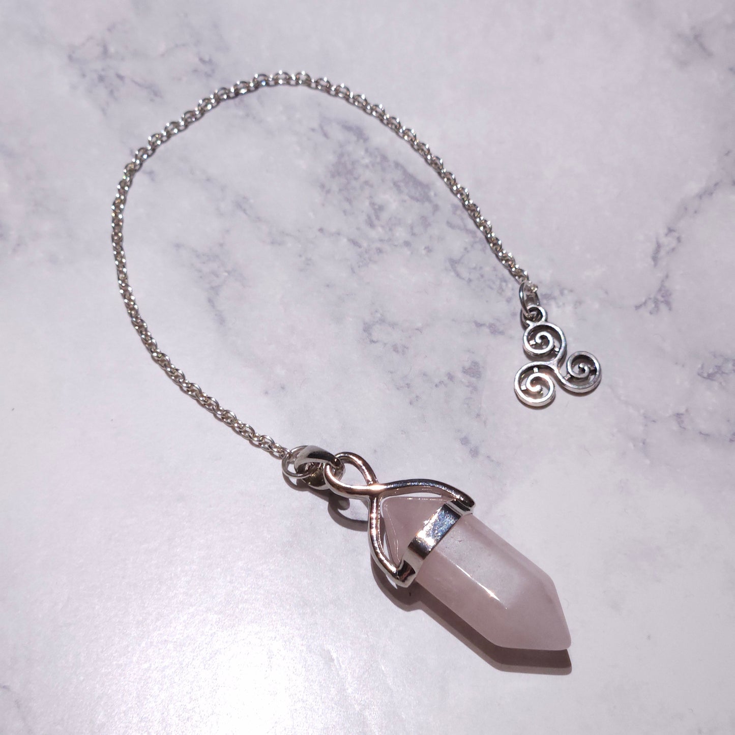 Rose Quartz Crystal Pendulum | Silver Triskele Witchy Divination Tool