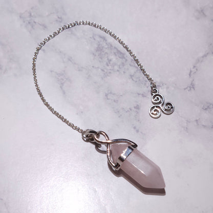 Rose Quartz Crystal Pendulum | Silver Triskele Witchy Divination Tool