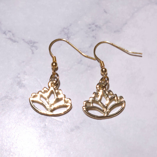 Gold lotus charm drop earrings with two lotus pendants on fishhook wires