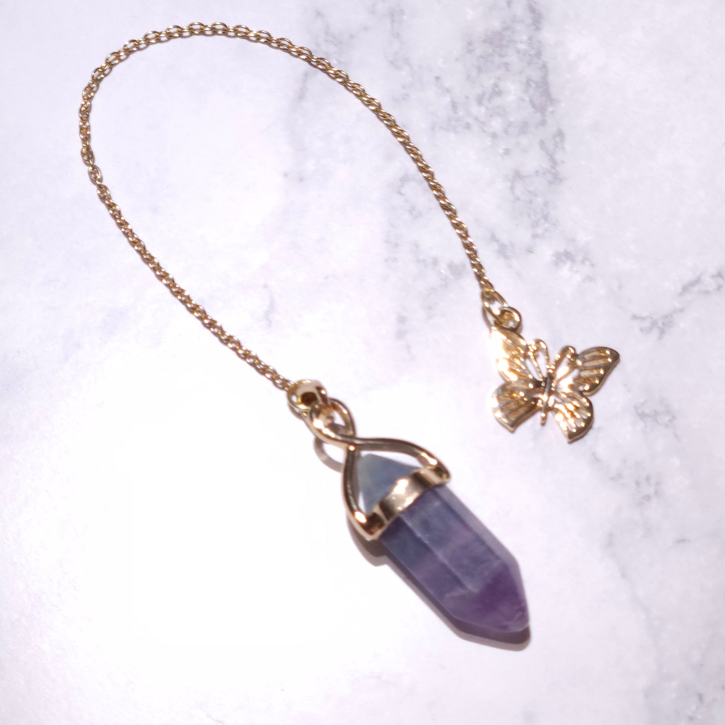 Fluorite Crystal Pendulum | Gold Butterfly Witchy Divination Tool