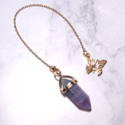 Fluorite Crystal Pendulum | Gold Butterfly Witchy Divination Tool