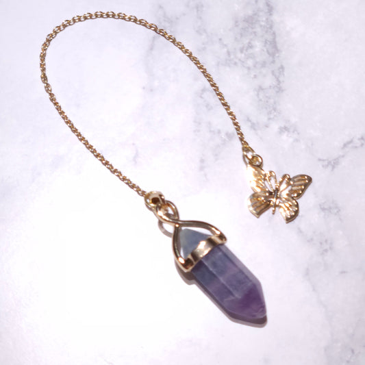 Fluorite Crystal Pendulum | Gold Butterfly Witchy Divination Tool