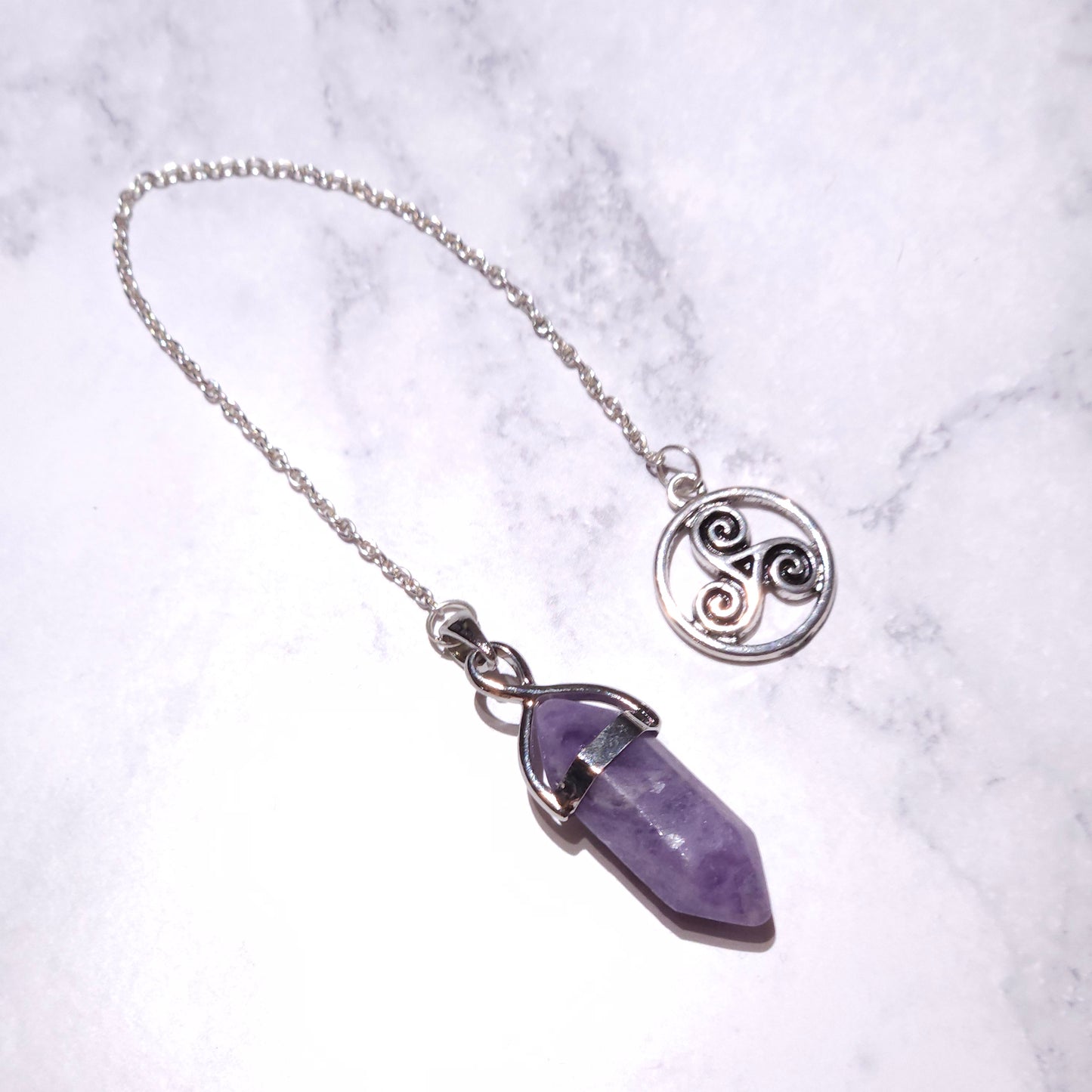 Fluorite Crystal Pendulum | Silver Triskele Witchy Divination Tool