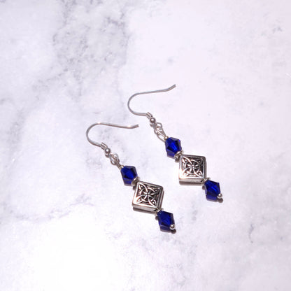 Silver Witch’s Knot Earrings | Blue Swarovski Crystal Pagan Jewelry