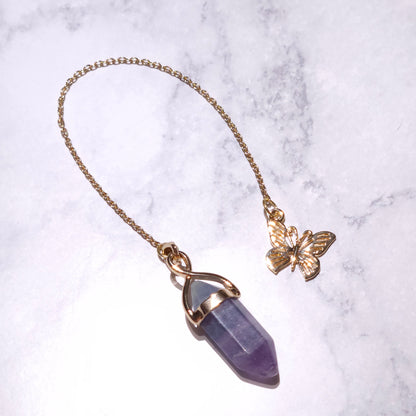 Fluorite Crystal Pendulum | Gold Butterfly Witchy Divination Tool