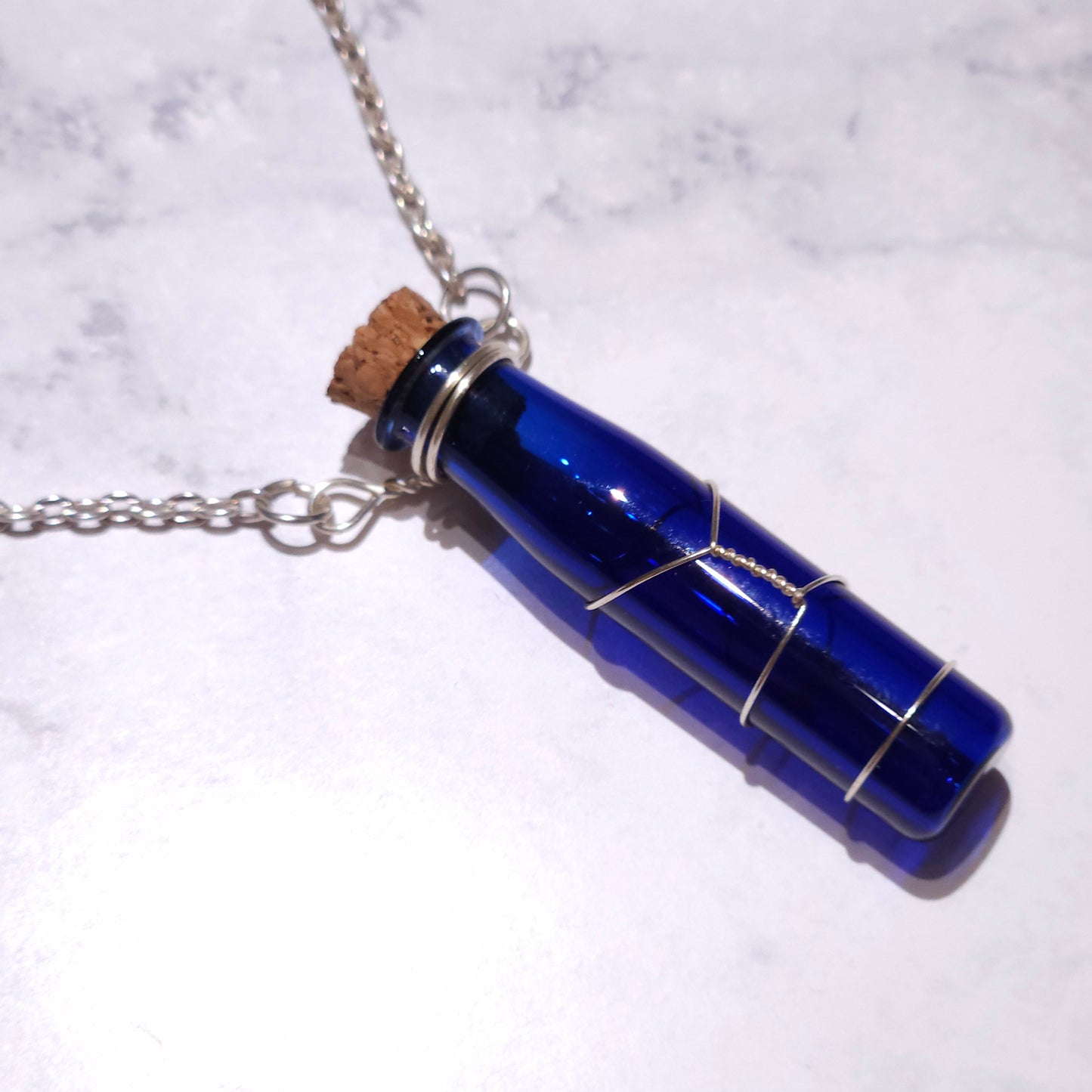 Silver Wire-Wrapped Cobalt Blue Spell Bottle Necklace | Empty Witch Potion Vial