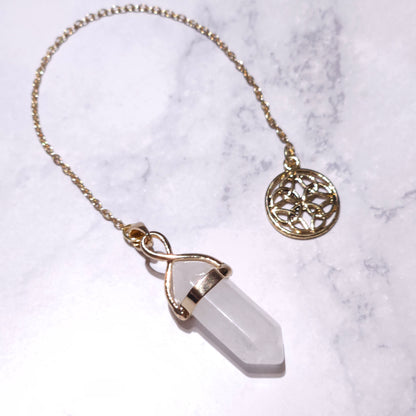 White Quartz Crystal Pendulum | Gold Celtic Knot Witchy Divination Tool