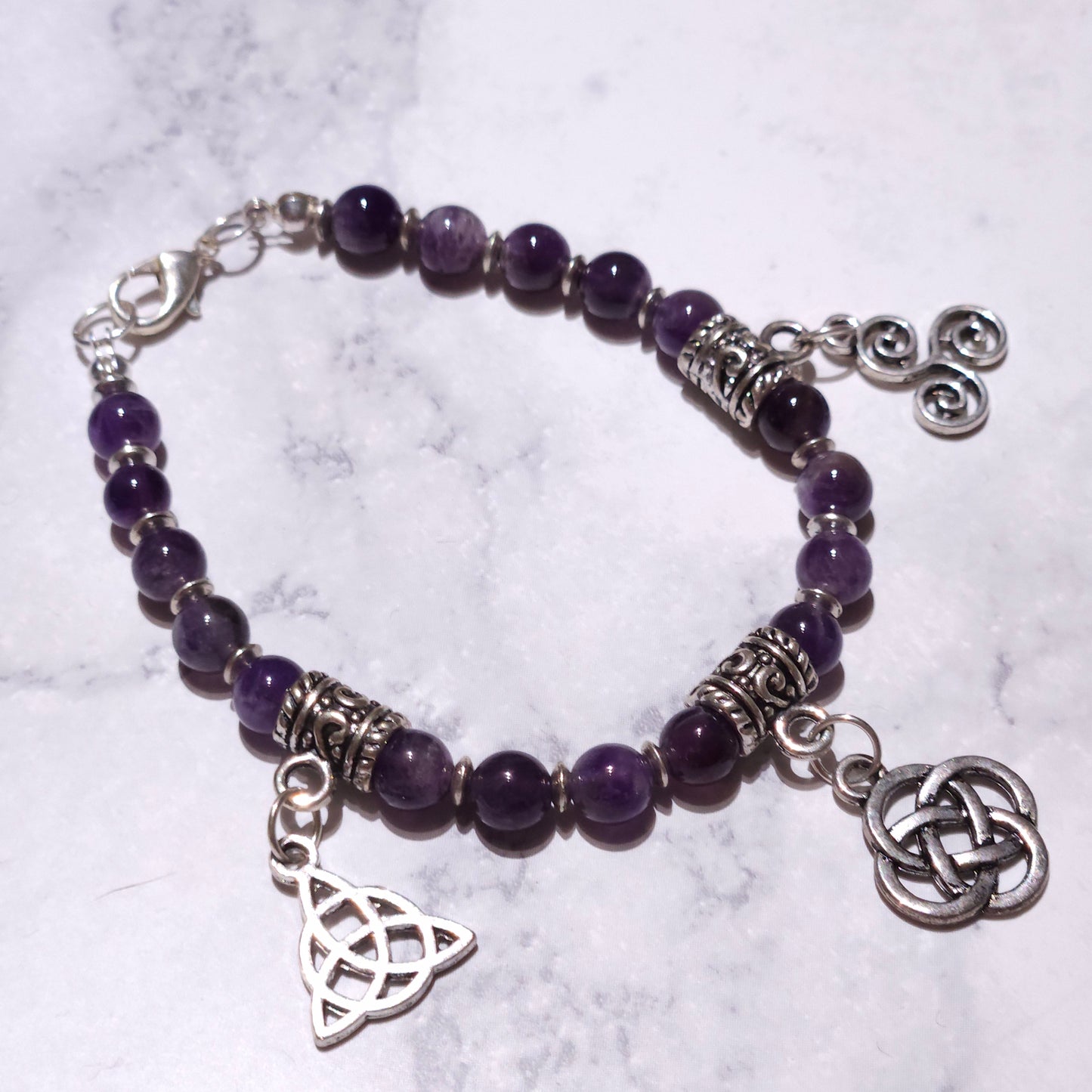 Triple Celtic Knot Charm Bracelet with Amethyst Gemstone | Rose and Shadow